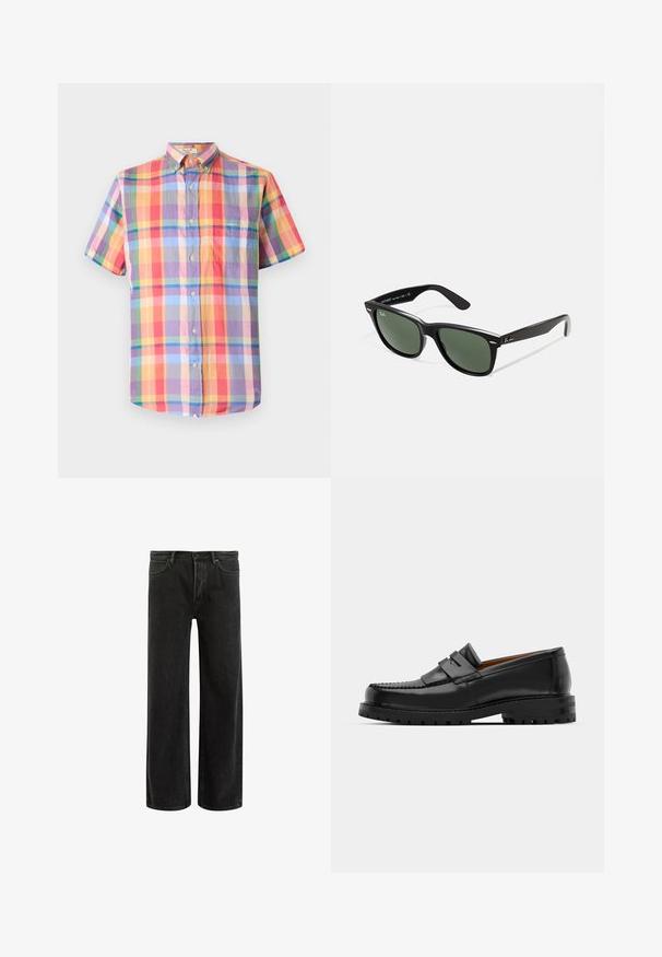 Kortermet skjorte i flerfarget rutemønster, med knapper, krage med knepping, og en enkelt brystlomme. Laget av lett materiale.; Svarte denim vide bukser med høyt liv, med klassisk fem-lomme design og subtil bleking for en teksturert utseende.; Svart skinnloafers har en hevet søm, to dekorative stropper på oversiden, og en tykk teksturert såle for bedre grep.; Sorte plast-solbriller med grønne linser, firkantede rammer, sølvdetalje på brynene, og teksturerte stangarmen. Angitt merke på indre arm.