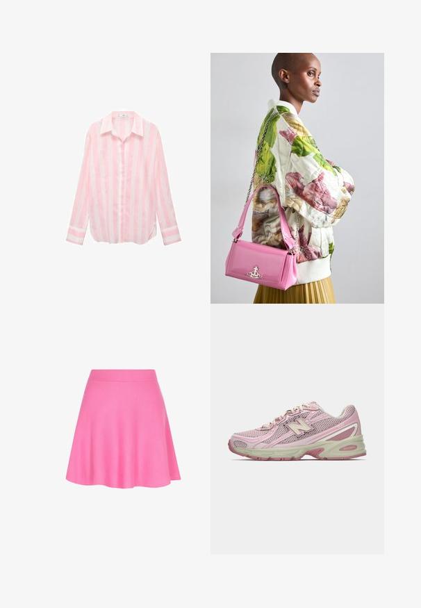 Light pink striped button-up shirt with a collar, long sleeves, and a relaxed fit. Made of lightweight fabric, featuring white horizontal stripes.; Pink knit skirt with a fitted waistband and flared design, made of soft fabric that adds a smooth texture.; Pink and beige New Balance 740 sneaker with mesh and synthetic upper, lace-up closure, and cushioned sole shown in side profile.; Quilted floral bomber jacket in green, pink, and beige; paired with a glossy pink handbag featuring a chain strap and logo hardware.