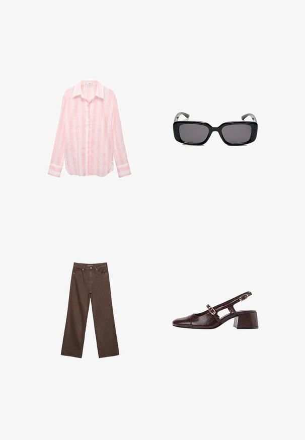Jasnoróżowa, w paski, koszula zapinana na guziki z kołnierzykiem, długimi rękawami i luźnym krojem. Wykonana z lekkiego materiału, z białymi poziomymi paskami.; Szerokie brązowe dżinsy wykonane z denimu, z wysokim stanem, przednimi kieszeniami i klasycznym zapięciem na guzik. Gładka faktura z subtelnym przeszyciem.; Brązowe skórzane szpilki z odkrytym piętą, kwadratowym noskiem, wyciętymi bokami i słupkowym obcasem. Posiadają klamrę na pasku wokół kostki.; Czarne prostokątne okulary przeciwsłoneczne z ciemnymi soczewkami, gładką plastikową ramką i wygiętymi zausznikami. Projekt jest masywny, o minimalistycznej estetyce.
