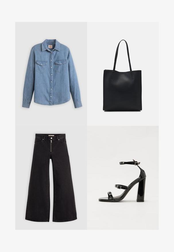Camisa de ganga azul claro com mangas compridas, fecho de botões na frente, dois bolsos no peito e colarinho clássico. Textura suave e corte descontraído.; Calças de ganga de perna larga em denim preto com fecho éclair à frente, design de cinco bolsos e detalhes de costura subtil. Textura suave e estilo casual.; Sandálias de tacão preto laqueadas com bico quadrado, tiras para o tornozelo e fivelas prateadas. Apresentam um salto bloco chunky para estabilidade.; Bolsa tote preta em couro com textura lisa, forma retangular e duas alças longas. Sem hardware ou enfeites visíveis.