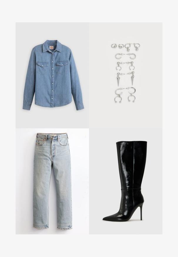 Svetlo modra denim srajca z dolgimi rokavi, gumbi spredaj, dvema žepoma na prsih in klasičnim ovratnikom. Gladek tekstura in sproščen kroj.; Svetloljubčastozeleni šivani traper hlače s ravnim krojem, s razorenim rubom, bakrenim zakovicama i klasičnim pet džepnim stilom.; Črne usnjene škornje do kolen s koničastim nosom in visokim stiletto peto. Gladka tekstura in eleganten dizajn, ki vključuje minimalne detajle.; Komplet srebrnih ušesnih uhani z različnimi oblikami: obroči, stud earrings in viseči slogi, z okroglimi poudarki in koničnimi elementi.