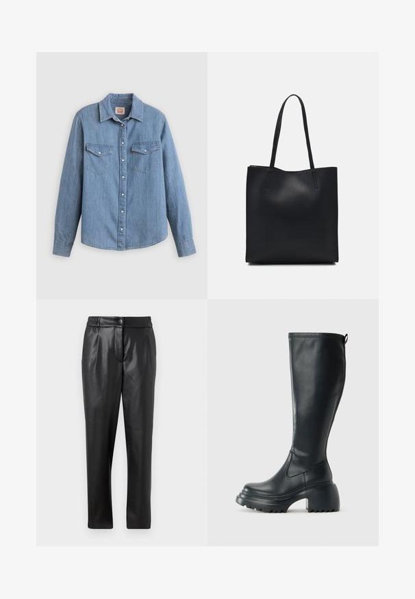 Világoskék farmering hosszú ujjakkal, gombos elülső résszel, két mellzsebbel és klasszikus gallérral. Selymes tapintású és kényelmes szabású.; Fekete bőr nadrág sima textúrával, egyenes szabással, rugalmas derékkal és elülső gombos záródással; pliszírozott részletezéssel és szűkített lábakkal.; Magas fekete bőrcipő, vastag platform talppal és blokk sarokkal, húzófüllel és texturált profillal az outsole-on.; Fekete bőrtáska sima felszínnel, téglalap alakú, két hosszú füllel. Nincs látható fémkiegészítő vagy díszítés.