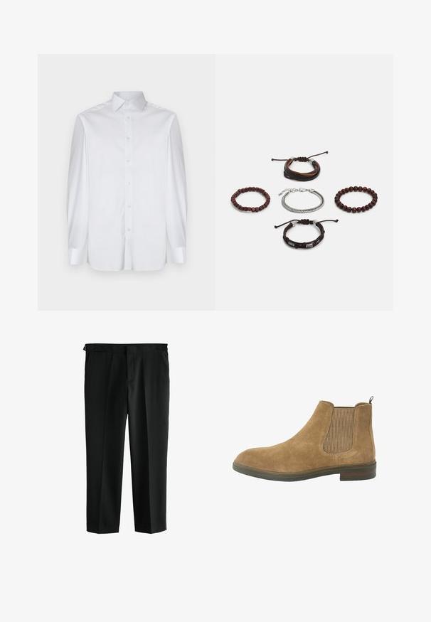 Valge pika varrukaga särk, mis on valmistatud siledast kangast, millel on terav krae, nööbiga esiosa ja kontrastsed mansetid. Ilma nähtavate mustriteta.; Mustad sirge lõikega mustad püksid, valmistatud siledast kangast. Omavad kahte eesmist taskut ja vöökohta vöölõngadega.; Kohvitooni sametist Chelsea saapad elastsete külgpaneelidega, ümar toe ja tõmbenööriga; vastupidav kummist tald ja tekstuuriga kangast aksessuaared.; Viie käevõru komplekt, mis sisaldab pruuni nahka, puidust helmeid ja hõbedast ketti; erinevad tekstuurid ja kujundid, reguleeritavad sulgurid.