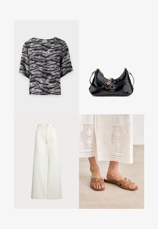 Sort og grå kortærmet cropped skjorte med et bølgemønster, rund halsudskæring, lavet af en ribbet tekstureret stof.; Pæne brede jeans i off-white denim. Høj talje med knaplukning, to forlommer og detaljer med kontrastsyning.; Brune slide sandaler med flad sål, der har krydsseler og en metallisk spænde detalje. Båret med en hvid broderet nederdel.; Sorte patenteret lædertaske med et buet design, guldhardware-detaljer og en fremtrædende logo. Inkluderer en aftagelig skulderrem.