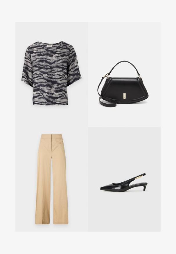 Camisa recortada negra y gris con un patrón de olas, mangas cortas y escote redondo, hecha de una tela con textura acanalada.; Pantalones de pierna ancha beige fabricados en una mezcla de algodón. Presentan una textura suave, cinturilla elástica y un detalle de botón en el lateral.; Tacones negros de piel sintética tipo slingback con punta afilada, que cuentan con un tacón delgado y un detalle en tono dorado en la correa ajustable. Textura suave.; Bolso de mano de cuero negro con un diseño estructurado, que presenta una forma recortada, asa superior y acentos en dorado. Correa de hombro ajustable incluida.