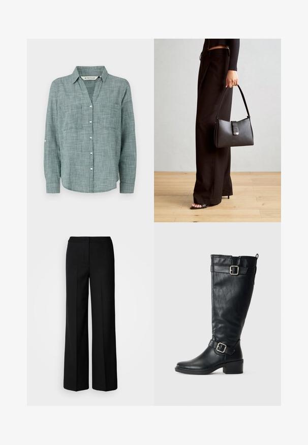 Grønt rutete skjorte med lange ermer og knapp- Ned krage, to frontlommer og knappe mansjetter. Laget av lett stoff.; Svarte vide bukser med et glatt stoff, med høy livvidde, skreddersydde sømmer og et minimalistisk design. Ingen synlig maskinvare eller lommer.; Høy svart lærstøvel med lav hæl, dekorative spenner nær ankelen og toppen, og en trekksløyfe bak.; Svart håndveske med strukturert form, jevn tekstur og metallisk lås. Kombinert med brede svarte bukser og sandaler med åpen tå på tregulv.