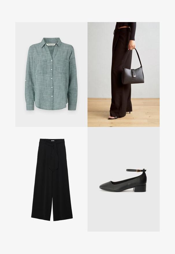 Camicia a maniche lunghe a quadri verdi con colletto button-down, due tasche anteriori e polsini con bottoni. Realizzata in tessuto leggero.; Pantaloni neri a gamba larga caratterizzati da un tessuto testurizzato, una vita elastica e una cintura staccabile per una vestibilità regolabile.; Pump in pelle nera con punta affusolata e tacco basso a blocco. Presenta una cinghia alla caviglia con una fibbia in tonalità oro. Texture liscia.; Borsa nera con forma strutturata, texture liscia e una chiusura metallica. Abbinata a pantaloni neri larghi e sandali open-toe su un pavimento in legno.
