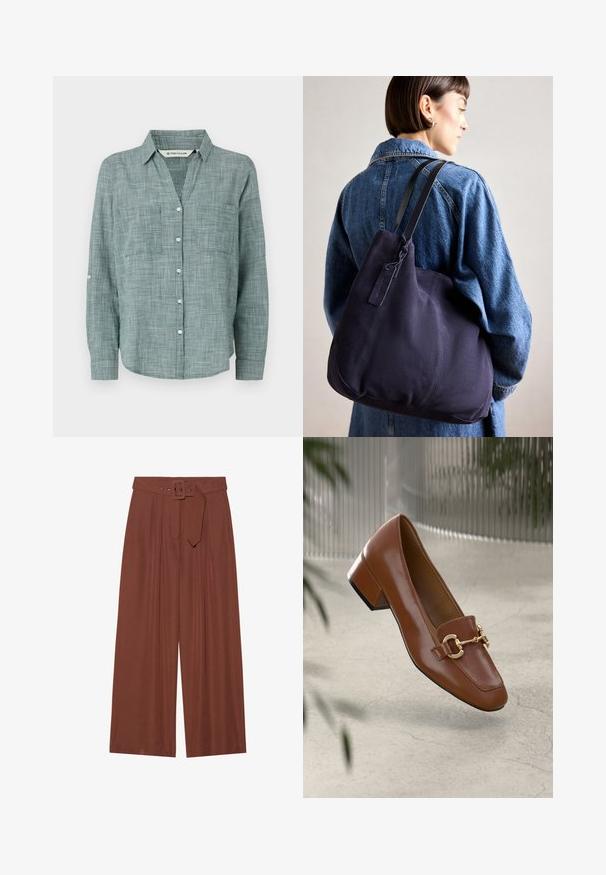 Groen geruit overhemd met lange mouwen, een button-down kraag, twee voorzakken en knoopmanchetten. Gemaakt van lichte stof.; Brunnen wijduitlopende broeken van stof, met een riem met een vierkante gesp, geplooid ontwerp en een gladde textuur.; Bruine lakleren loafer met vierkante neus, metallic kettingaccent en lage blokhak; gladde textuur, minimalistisch ontwerp.; Marine canvas schoudertas met een zachte, gestructureerde vorm, voorzien van een zwarte strap, gestikte details en een klein merketiket.