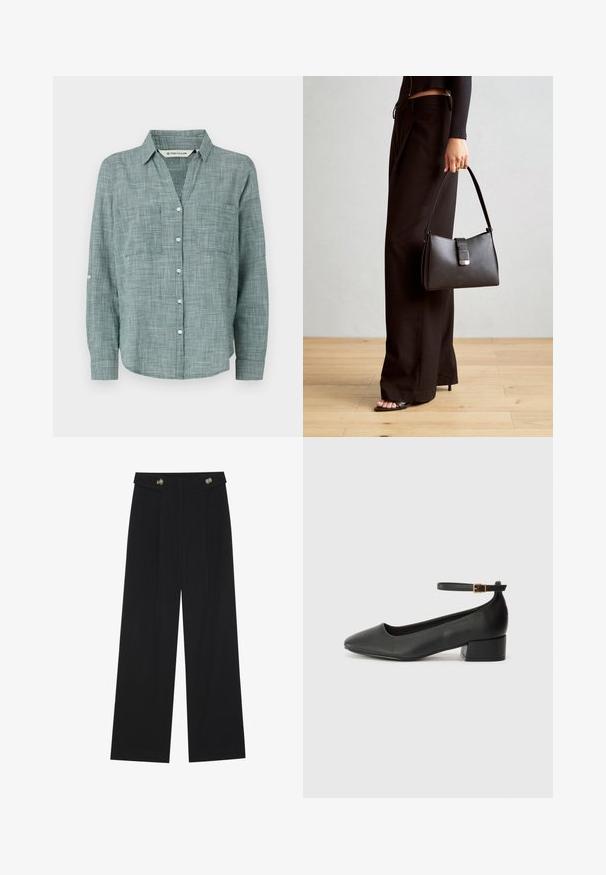 Groen geruit overhemd met lange mouwen, een button-down kraag, twee voorzakken en knoopmanchetten. Gemaakt van lichte stof.; Zwarte wijde broek met hoge taille, knoopdetails op de tailleband en plooien aan de voorkant.; Zwarte leren pump met een spitse neus en een lage blokhak. Beschikt over een enkelband met een goudkleurige gespsluiting. Gladde textuur.; Zwarte handtas met gestructureerde vorm, gladde textuur en een metalen sluiting. Gecombineerd met brede zwarte broeken en sandalen met open teen op een houten vloer.