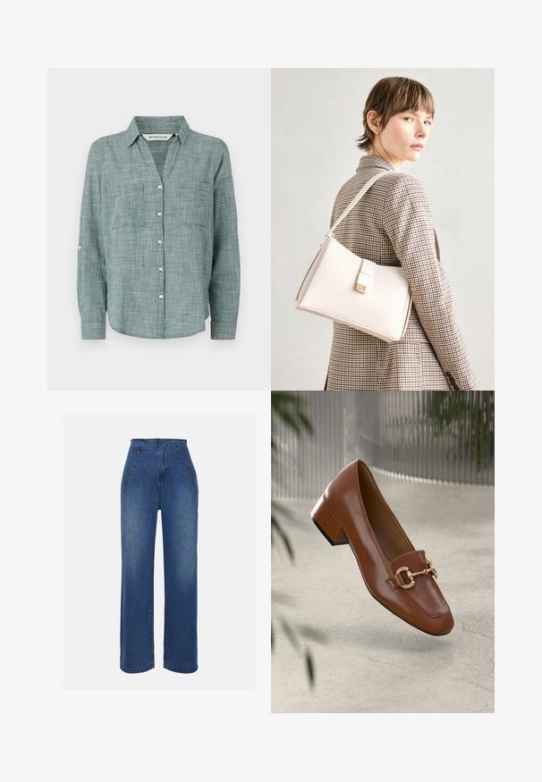 Zeleno-kockovaná košeľa s dlhým rukávom a golierom na gombíky, dvoma prednými vreckami a gombíkovými manžetami. Vyrobené z ľahkej tkaniny.; Džíny s vysokým pásom v strednej modrej farbe. Obsahujú predné gombíkové detaily a široký strih nohavíc. Látka má hladkú štruktúru s miernym vyblednutím.; Hnedé lakované kožené loafers s hranatou špičkou, kovovým reťazovým akcentom a nízkym blokovým podpätkom; hladká textúra, minimalistický dizajn.; Biely kožený kabelka so štruktúrovaným dizajnom, s magnetickým uzáverom a ramenným popruhom, vystavená na neutrálnom pozadí.