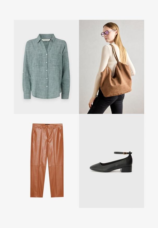 Grüne karierte Langarmshirt mit Button-Down-Kragen, zwei Fronttaschen und geknöpften Manschetten. Hergestellt aus leichtem Stoff.; Braune Kunstlederhosen mit tailliertem Schnitt, versehen mit vorderen Falten und geraden Beinen. Glatte Textur ohne sichtbare Hardware oder Akzente.; Schwarze Lederpumps mit spitzem Zehenbereich und niedrigem Blockabsatz. Mit einem Knöchelriemen und einer goldfarbenen Schnalle. Glatte Textur.; Braune Wildleder-Tasche mit weicher Textur, großer Öffnung und langen Trägern. Sie verfügt über ein simples Design mit sichtbarem Stich und ohne Beschläge.