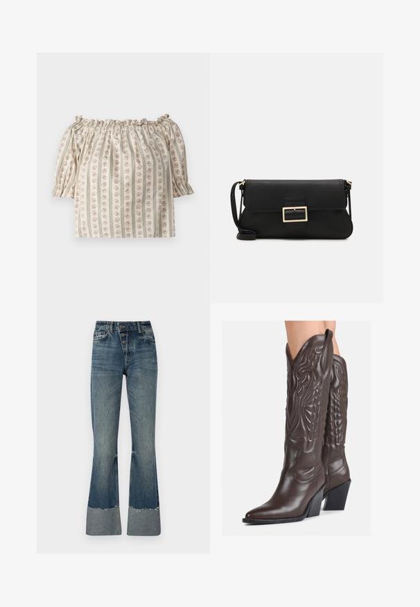 Top bez ramínek s krátkými nafouknutými rukávy, krémová látka s květinovým vzorem a vertikálními pruhy, s nařaseným elastickým výstřihem.; Džínové kalhoty s rozšířenými nohavicemi v středně modré barvě, s vysokým pasem, pěti knoflíky a třepícím se lemem. Na spodní části mají světlejší manžetu a zvadne strukturu.; Hnědé kožené kovbojské boty s špičatou špičkou a blokovým podpatkem, se zdobným prošíváním a vyvýšenými akcenty na nárazu.; Černá kožená psaníčko s klopou a zlatým kovovým detailním sponou. Součástí je černý popruh a elegantní, minimalistický design.; Zlaté kruhové náušnice, tenké a kulaté, s hladkým kovovým povrchem a bez zdobení či vzorů.