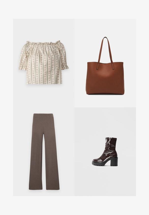 Off-shoulder blus med korta puffärmar, krämfärgad tyg med blommönster och vertikala ränder, med resårlinning vid halsen.; Ribbstickade vida byxor i mörkbrun färg, med en stretchig midjeresår och ett mjukt, strukturerat tyg.; Glansig bordeauxfärgad ankelsko med en kraftig svart klack, som har en slät yta och enkel design. Inga synliga stängningar eller mönster.; Brun läder tote-väska med en slät textur, öppen toppdesign och två axelremmar. Har minimal söm och ingen synlig metalldetalj.