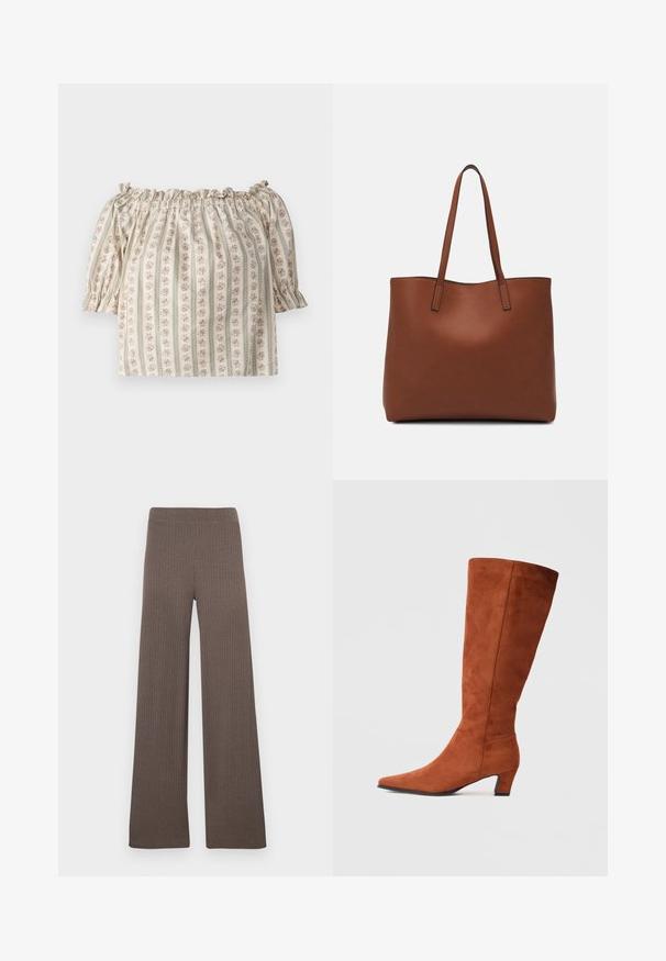 Off-shoulder blus med korta puffärmar, krämfärgad tyg med blommönster och vertikala ränder, med resårlinning vid halsen.; Ribbstickade vida byxor i mörkbrun färg, med en stretchig midjeresår och ett mjukt, strukturerat tyg.; Bruna mockaskinn knähöga stövlar med spetsig tå och en liten klack, med en slät yta och minimalistisk design.; Brun läder tote-väska med en slät textur, öppen toppdesign och två axelremmar. Har minimal söm och ingen synlig metalldetalj.