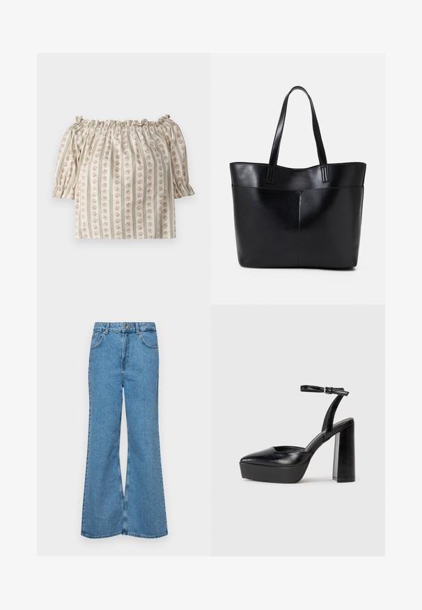 Váll nélküli blúz rövid puffos ujjakkal, krém színű anyag virágmintával és függőleges csíkokkal, ráncolt, rugalmas nyakkivágással.; Világoskék, trapézszárú farmernadrág, magas derékkal, öt zsebbel és egy gombos záródással. Puha tapintású, magasított effektusú anyag.; Fekete platform magassarkú cipők hegyes orral és állítható bokapánttal. Sima bőrből készült, vastag talppal.; Fekete bőr bevásárlótáska két hosszú fogantyúval, sima felülettel és strukturált formával. Elülső zseb található rajta a plusz tárolás érdekében.