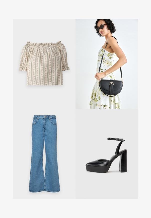 Blusa de ombros à mostra com mangas curtas bufantes, tecido creme com padrão floral e riscas verticais, apresentando gola elástica franzida.; Jeans de brim azuis claros, com corte à boca de sino, apresentando uma cintura alta, cinco bolsos e um fecho de botão único. Textura macia com acabamento desbotado.; Saltos altos pretos com bico fino e atilho ajustável no tornozelo. Confeccionados em couro suave, apresentam um salto bloco robusto.; Bolsa de couro preta com forma curva, alça destacável e detalhes em dourado. A bolsa possui uma aba com detalhe de fivela.