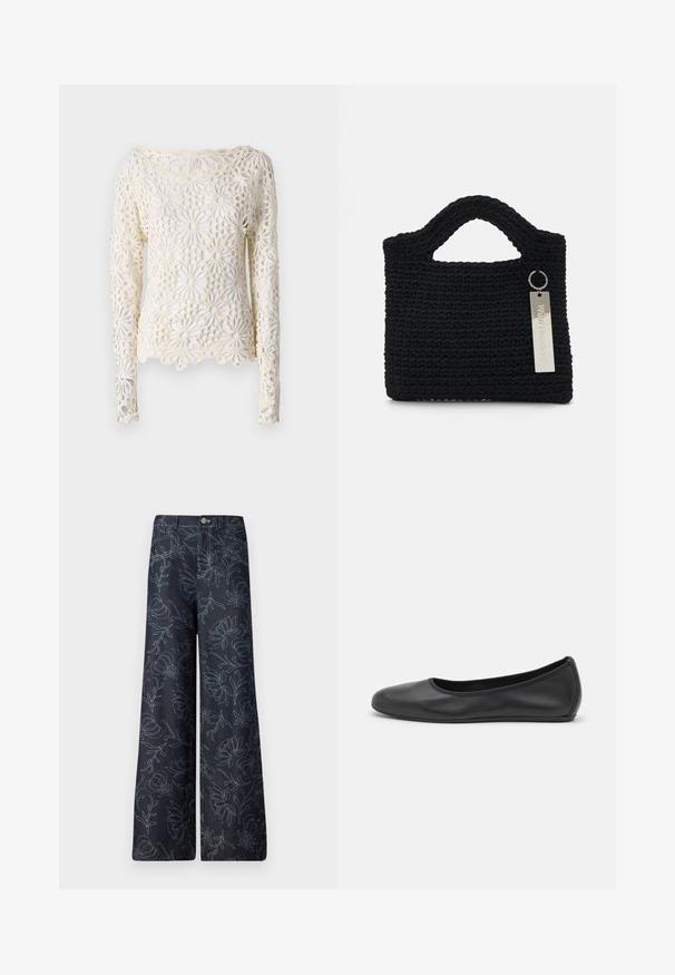 Norma Kamali Maglietta a manica lunga - cream; Pantaloni larghi in denim scuro con un motivo floreale ricamato in azzurro. Design classico a cinque tasche con chiusura frontale a bottone.; Pantofole da balletto nere in pelle con punta arrotondata, texture liscia, dettagli di cucitura minimi e design con suola flessibile.; Won Hundred MARSIELLE COMPUTER BAG UNISEX - Borsa porta PC - black