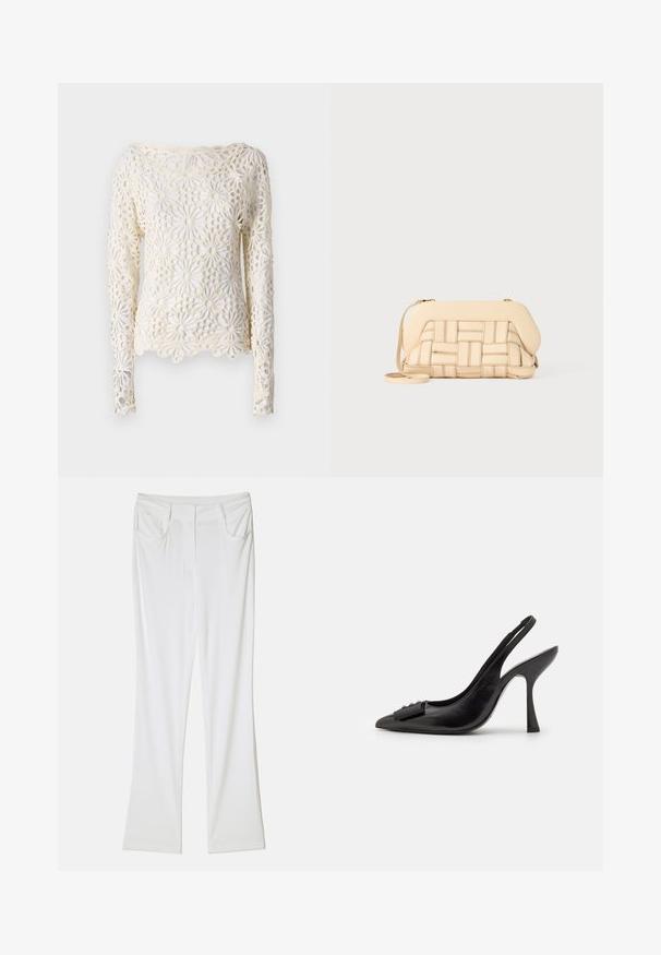 Norma Kamali Bluză cu mânecă lungă - cream; Pantaloni albi evazați cu o textură de țesătură netedă, având două buzunare frontale și o talie cusută pentru un aspect ajustat.; Pantofii slingback din piele neagră, cu vârf ascuțit, toc subțire și un accent decorativ sub formă de fundiță. Textură netedă și design elegant.; Geantă bej țesută cu un design structurat, având un capac neted și o curea lungă. Detaliile texturate îmbunătățesc aspectul general.