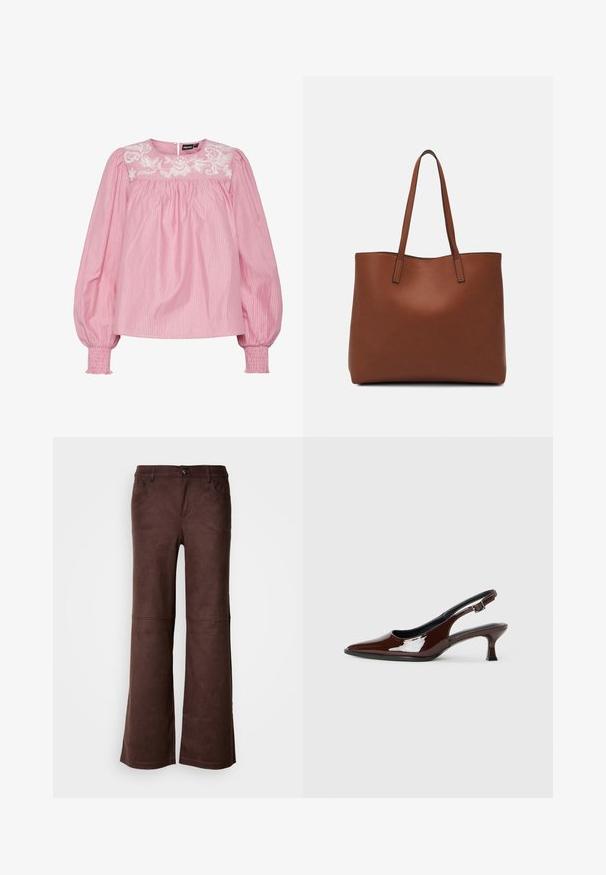 Blusa rosa a righe con scollo rotondo, polsini elastici e dettagli floreali ricamati sulla spalla. Realizzata in tessuto leggero.; Pantaloni a palazzo marroni in un tessuto morbido simile al suede. Presentano quattro tasche, una chiusura con bottone e una superficie liscia e testurizzata.; Scarpa slingback in pelle verniciata marrone con punta affusolata e tacco moderato. Presenta una fascia con fibbia per una calzata sicura. Tessuto liscio.; Borsa tote in pelle marrone con texture liscia, design con apertura superiore e due spallacci. Presenta cuciture minime e nessun hardware visibile.