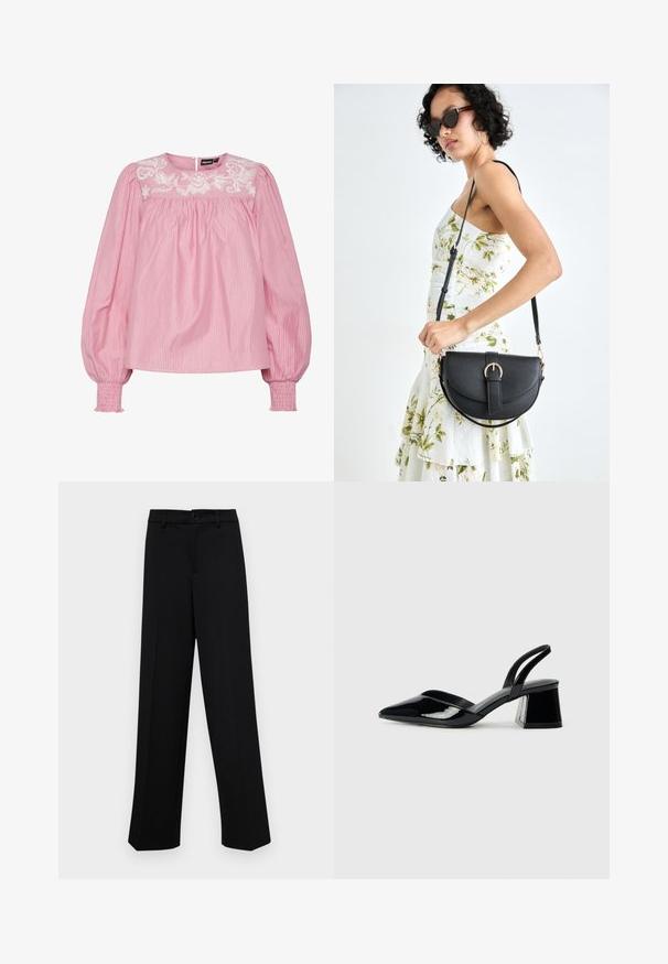 Rózsaszín csíkos blúz kerek nyakkivágással, gumis mandzsettákkal és hímzett virágmintázattal a vállrészen. Könnyű anyagból készült.; Fekete, széles szárú nadrág sima anyagból, klasszikus derékrésszel, gombzárral és elülső redőkkel.; Fekete lakk bőr szandálkés magas sarkú cipő, hegyes orral és geometrikus tömbsarkakkal. Karcsú, minimalista dizájn és sima textúra jellemzi.; Fekete bőrtáska ívelt formával, levehető pánttal és arany színű fémrészekkel. A táskán egy csattal díszített fedél található.