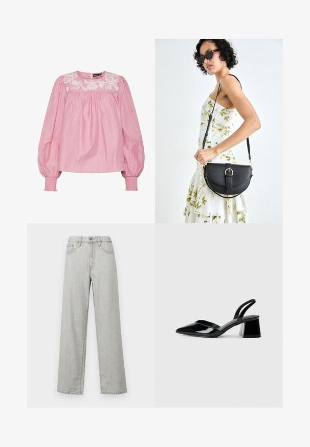 Blusa rosa riscada com decote redondo, punhos elásticos e detalhe floral bordado na parte superior. Feita de tecido leve.; Jeans de perna larga em cinza claro, feitos de denim, com cintura alta, bolsos frontais e fecho padrão com botão e fecho éclair.; Sandy em verniz preto com salto slingback, ponta afilada e salto geométrico. Apresenta um design elegante e minimalista com textura suave.; Bolsa de couro preta com forma curva, alça destacável e detalhes em dourado. A bolsa possui uma aba com detalhe de fivela.