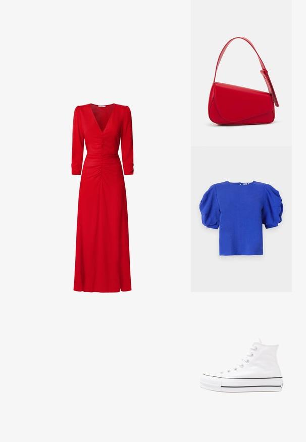 Kortärmad blå topp med texturerade puffärmar, rund halsringning och en diskret dragkedja bak. Tillverkad av lättviktsmaterial med en slät yta.; Röd klänning med V-ringning, trekvartslånga ärmar och rynkdetaljer vid midjan och ryggen. Tyget verkar slätt och lättviktigt.; Vit hög topp canvas sneaker med svart gummisulan, framsidan gummitåhätta och sex öglor för snören, med en ren, minimalistisk design.; Röd läderhandväska med en vinkelrät, geometrisk design. Har ett justerbart axelband och en klaffstängning med sydda detaljer.