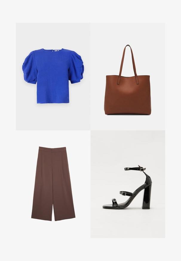 Kortärmad blå topp med texturerade puffärmar, rund halsringning och en diskret dragkedja bak. Tillverkad av lättviktsmaterial med en slät yta.; Bruna vida byxor med en slät textur, som har hög midja och framfickor. Tyget är lätt och flödar löst.; Svarta lackerade klacksandaler med fyrkantig tå, ankelremmar och silverfärgade spännen. Har en kraftig blockklack för stabilitet.; Brun läder tote-väska med en slät textur, öppen toppdesign och två axelremmar. Har minimal söm och ingen synlig metalldetalj.