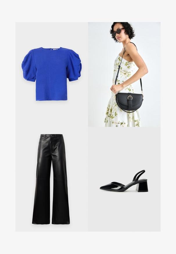 Haut bleu à manches courtes avec des manches bouffantes texturées, col rond et une fermeture éclair discrète au dos. Fabriqué en tissu léger avec une finition lisse.; Pantalons larges en faux cuir noire taille haute avec bouton avant, fermeture éclair, passants de ceinture et poches latérales sur fond blanc.; Escarpins en cuir verni noir avec bout pointu et talon bloc géométrique. Présente un design élégant et minimaliste ainsi qu'une texture lisse.; Sac à main en cuir noir avec une forme courbée, bandoulière amovible et des accessoires en or. Le sac est doté d'un rabat avec un détail de boucle.