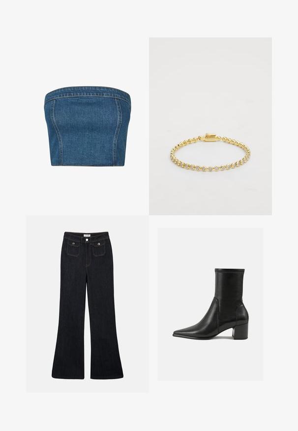 Sötétkék farmer nélküli felső, amely struktúrált szabással, oldalsó varratokkal és látható varrással rendelkezik a szegélyeken, hogy még több részletességet adjon.; Fehér pánt nélküli felső, puha anyagból készült, sima textúrával, testhez simuló kialakítással és finoman redőzött részletekkel a dekoltázs mentén.; Kibővített, sötét farmernadrág magas derékkal, két elülső zsebből és narancssárga varrással. Az anyag szilárdnak és simának tűnik.; Fekete, sima bőrből készült bokacsizma, hegyes orral, tömbsarkal, és a felső szélen megkülönböztető kiemelt varrással.; Arany fém karkötő, egyenletes mintázatban elhelyezett kerek, tiszta strasszkövekkel, az egyik oldalon kapcsos záródással. Simább textúra és fényes felület jellemzi.