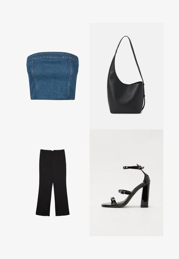 Top senza spalline in denim blu scuro, con vestibilità strutturata, cuciture laterali e cuciture visibili lungo i bordi per un tocco di dettaglio in più.; Pantaloni neri a gamba dritta, con tasche frontali e spacchi laterali all'orlo. Realizzati in tessuto morbido e liscio. Adatti a diverse occasioni.; Sandali con tacco in vernice nera, con punta squadrata, cinturini alla caviglia e fibbie in argento. Presentano un tacco a blocco spesso per maggiore stabilità.; Borsa hobo nera in pelle con una superficie liscia, forma curvata e una singola tracolla regolabile; presenta un'ampia apertura nella parte superiore.