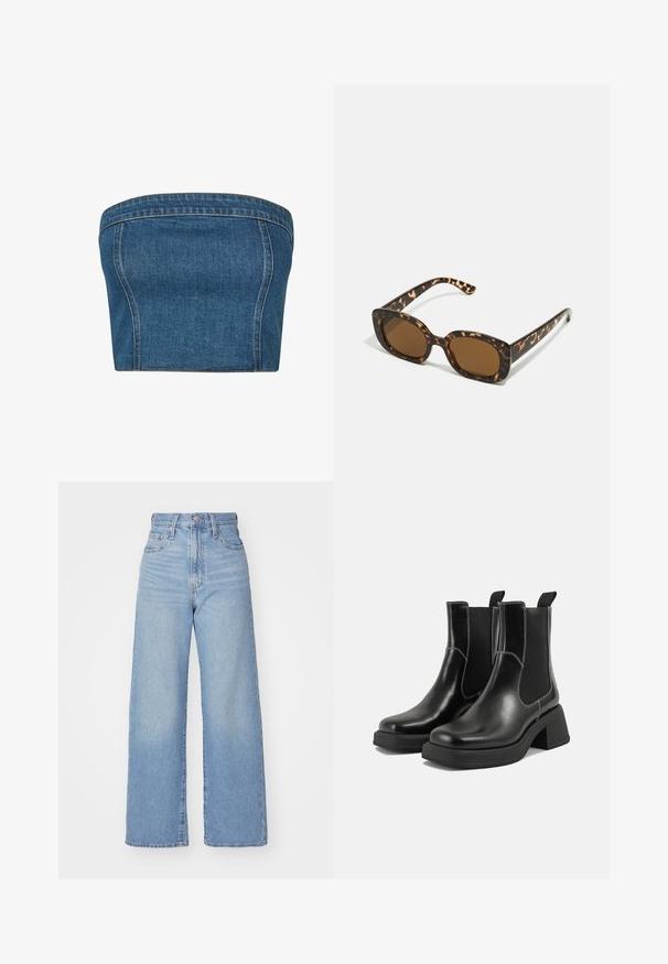 Sötétkék farmer nélküli felső, amely struktúrált szabással, oldalsó varratokkal és látható varrással rendelkezik a szegélyeken, hogy még több részletességet adjon.; Világoskék, magas derekú, bő szárú farmernadrág, elülső gombbal és cipzárral, elülső és hátsó zsebekkel, fehér háttérrel.; Fekete bőr Chelsea csizmák masszív sarkakkal, rugalmas oldalsó panelekkel és kontrasztos fehér varrással. Texturált felület.; Teknősbéka mintázatú napszemüveg kerek, vastag kerettel és barna lencsékkel. Finom mintázattal és egyenes, keskenyedő szárakkal rendelkezik.