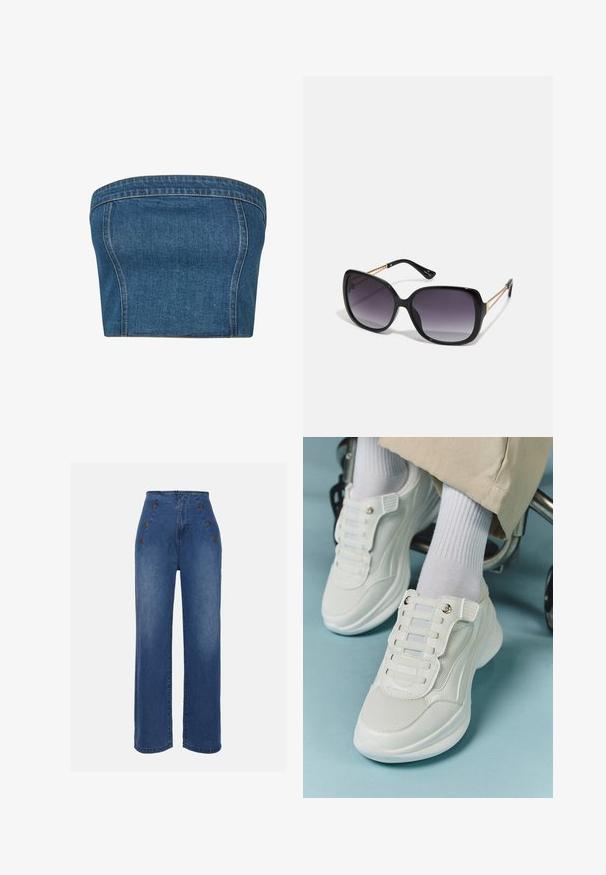 Tamsiai mėlynas džinsinis be petnešų topas, pasižymintis struktūrizuotu siluetu, šoninėmis siūlėmis ir matomomis siūlėmis aplink kraštus, suteikiančiomis papildomų detalių.; Aukštos liemens džinsai, vidutinio mėlynumo. Yra priekiniai mygtukų akcentai ir plati kojų forma. Audinys turi lygią tekstūrą su lengvu apdailos nusidėvėjimu.; Baltos sportbačiai su tinklelio medžiaga, guminiais padais, be raištelių dizainu su elastinėmis juostelėmis ir auksinėmis detalėmis.; Juodos didelės saulės akinių su pereinamais objektyvais, storomis rėmeliais ir auksinės spalvos grandinėmis ant šventyklų.; Anna Field 2 PACK - Fuliaras - dark blue/pink