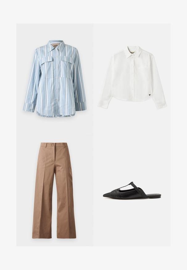 Svijetloplava košulja s dugim rukavima, u bijelim vertikalnim prugama, s dva prednja džepa. Glatka tkanina i oštri ovratnik.; Bijela skraćena košulja dugih rukava napravljena od pamuka. Ima gumb za zatvaranje sprijeda, džep na prsima i mali crni logotip na donjem lijevom dijelu.; Smeđe hlače širokih nogavica od glatkog materijala, s prednjim zatvaračem na dugme, dvjema prednjim džepovima i čistim, oblikovanim linijama.; Crne kožne cipele s remenom oko pete i šiljastim vrhom, s pletenim naglaskom i nabranim gornjim dijelom. Ravni đon s minimalnim hardverom.