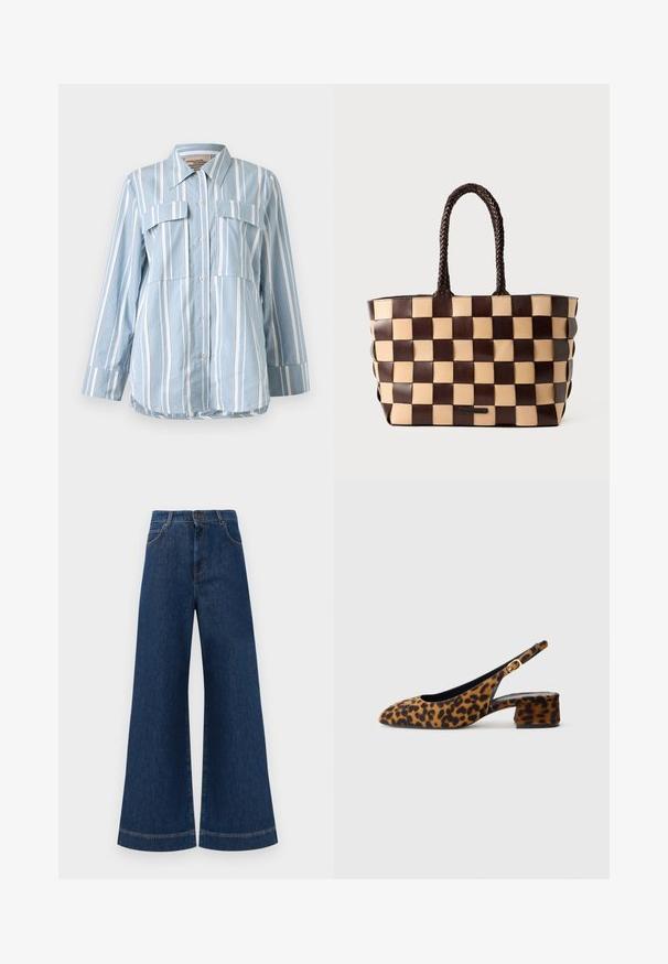 Světle modrá košile na knoflíky s bílými vertikálními pruhy, dvěma předními kapsami a dlouhými rukávy. Hladká tkanina a špičatý límec.; Široké modré džíny s vysokým pasem, se zapínáním na knoflík, poutky na opasek a jemnými stehy podél kapes a lemů.; Dámské lodičky s leopardím vzorem, s nízkým blokovým podpatkem a zlatou sponou na bočním pásku, zobrazené v bočním profilu na jednoduchém pozadí.; Hnědo-beige kožená taška přes rameno s tkaným vzorem ve tvaru šachovnice a copánkovými úchyty na bílém pozadí.