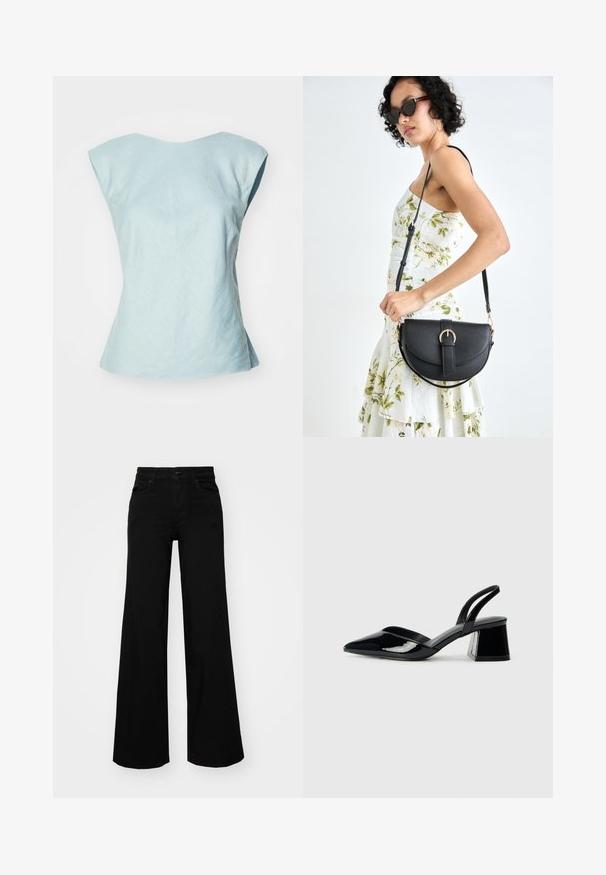 Débardeur bleu clair sans manches avec un large décolleté, fabriqué dans un tissu texturé, présentant une coupe structurée et une fin de bas évasée.; Pantalons large en denim noir, dotés d'une taille structurée, de passants de ceinture et de poches avant. Texture lisse avec un design classique.; Escarpins en cuir verni noir avec bout pointu et talon bloc géométrique. Présente un design élégant et minimaliste ainsi qu'une texture lisse.; Sac à main en cuir noir avec une forme courbée, bandoulière amovible et des accessoires en or. Le sac est doté d'un rabat avec un détail de boucle.