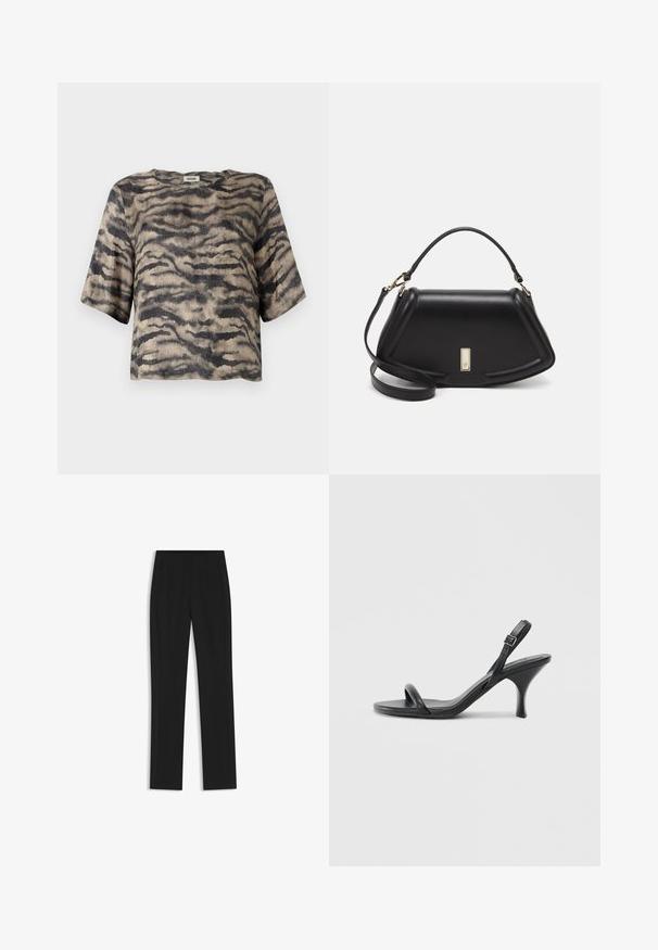 Kurzes, kurzärmliges Oberteil aus geripptem Material mit einem beige- und schwarzgestreiften Tigerdesign. Verfügt über einen runden Halsausschnitt und eine lockere Passform.; Schwarze maßgeschneiderte Hose mit geradem Bein, ausgestattet mit Fronttaschen und einem glatten, strukturierten Stoff. Saubere, minimale Details.; Schwarze Leder-Sandalen mit hohen Absätzen, schlankem, gebogenem Absatz und gekreuztem Riemendesign. Verstellbarer Knöchelriemen. Glatte Textur.; Schwarze Lederhandtasche mit einem strukturierten Design, das eine verkürzte Form, einen oberen Griff und goldfarbene Hardware-Details aufweist. Verstellbarer Schulterriemen ist enthalten.