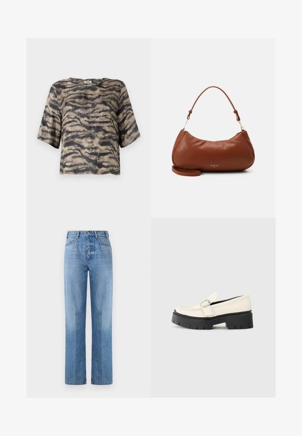 Kurzes, kurzärmliges Oberteil aus geripptem Material mit einem beige- und schwarzgestreiften Tigerdesign. Verfügt über einen runden Halsausschnitt und eine lockere Passform.; Helle blaue Denim-Jeans mit geradem Bein, hoch geschnitten, fünf Taschen und sichtbaren Nähten. Die Textur ist glatt und klassisch.; Weißer Lederloafer mit einer klobigen schwarzen Plateausohle, ausgestattet mit einer rechteckigen silbernen Schnalle und sichtbaren Nähten im Obermaterial.; Braune Lederhandtasche mit geschwungener Form, kurzem Schulterriemen und goldfarbener Logo-Detail. Glatte Textur mit weichem Finish.