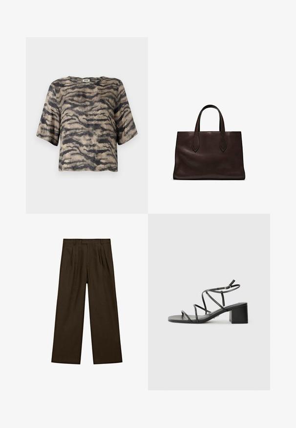 Kurzes, kurzärmliges Oberteil aus geripptem Material mit einem beige- und schwarzgestreiften Tigerdesign. Verfügt über einen runden Halsausschnitt und eine lockere Passform.; Braune Leinenhose mit lockerer Passform, ausgestattet mit vorderen Falten, einem flachen Taillenbund und weiten, geraden Beinen für eine moderne Silhouette.; Schwarze Riemchensandalen mit quadratischer Spitze und einem breiten Absatz, aus glattem Material gefertigt. Sie verfügen über verstellbare Knöchelriemen und minimalen Beschlag.; Braune Ledertasche mit zwei langen Griffen, strukturierte rechteckige Form, glatte Textur und dezente Nähdetails.