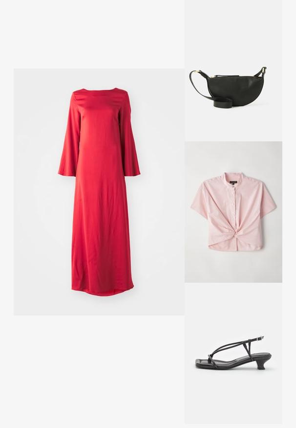 Cămașă roz cu mânecă scurtă, cu guler de tip bandă și detaliu răsucit în față, fabricată dintr-un material fin din bumbac. ; Rochie lungă roșie dintr-un material ușor, cu decolteu bateau și mâneci late, în evantai. Textură netedă și siluetă dreaptă.; Sandale negre din piele cu curele subțiri, toc mic pătrat și vârf pătrat. Prezintă o închidere cu cataramă și o textură netedă.; Geantă crossbody din piele neagră, cu formă de jumătate de lună, suprafață texturată, fermoar auriu și curea plată. Design compact, potrivit pentru obiectele esențiale.