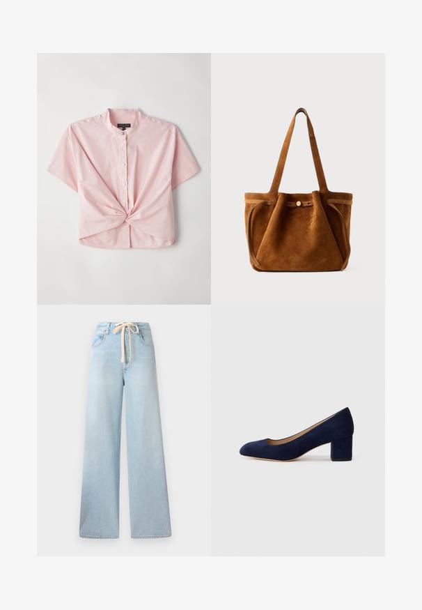 Srajca z kratkimi rokavi v roza barvi, z gumbnim zapiranjem, vključuje ovratnik in zavit sprednji del, izdelana je iz gladke mešanice bombaža.; Svjetloplave široke traperice izrađene od denima, s pojasom na vezanje i klasičnim dizajnom s pet džepova koji ima minimalno izbjeljivanje.; Temno modri nubuk čevlji s koničastim nosom in srednje visokim blokom. Gladka tekstura z diskretnim sijajem in majhnim izrezom spredaj.; Rjava nubuk torba za ramena z dvema ročajema, z loputo na gumb in sproščenim, rahlo ohlapnim oblikovanjem.