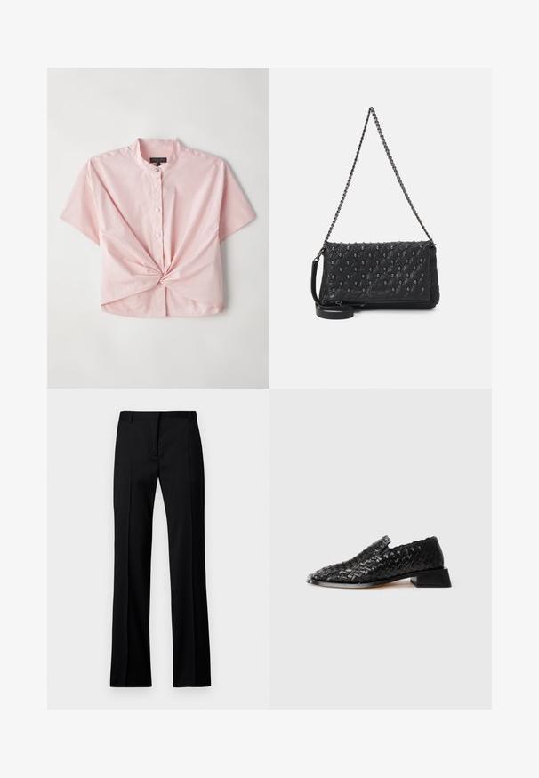 Short-sleeve, pink button-up shirt, featuring a band collar and twisted front detail, made of a smooth cotton blend fabric.; Black straight-leg trousers in smooth fabric, featuring a flat front, belt loops, and no visible pockets or embellishments.; Black leather woven slip-on shoe with low block heel and scalloped edge detail, displayed on a white background.; Black quilted leather bag with a chain strap, featuring skull accents and a zip closure. Textured surface with a glossy finish.