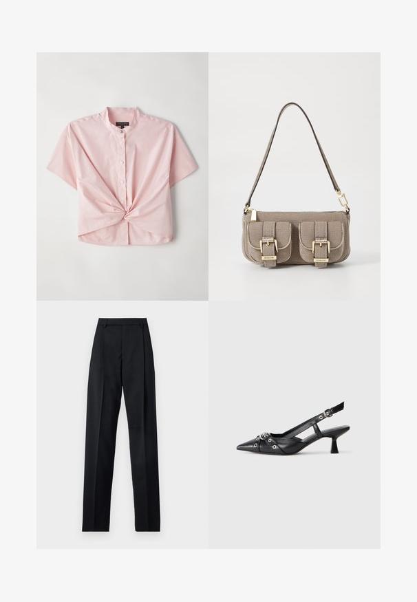 Korte mouwen, roze button-up shirt, met een bandkraag en gedraaide voorkantdetail, gemaakt van een zachte katoenmix stof.; Zwarte broek gemaakt van gladde stof met een hoge taille, wijde benen, voorplooien en klassieke ceintuurlussen. Geen zijzakken zichtbaar.; Zwarte leren slingback schoen met een puntige neus, decoratieve banden met metalen oogjes en een lage blokhak. Textuur oppervlak.; Beige handtas met textuur, verstelbare schouderriem, twee voorvakken beveiligd met gespen en accenten van gouden hardware. Ritssluiting aan de bovenkant.