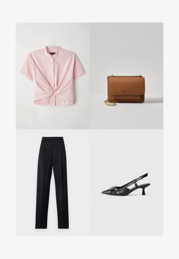 Camicia button-up rosa a maniche corte, con colletto a band e dettaglio frontale attorcigliato, realizzata in un morbido tessuto misto cotone.; Pantaloni neri realizzati in tessuto morbido, caratterizzati da vita alta, gambe larghe, pince frontali e classiche passanti per cintura. Non ci sono tasche laterali visibili.; Scarpa slingback nera in pelle con punta affusolata, cinturini decorativi con occhielli metallici e tacco basso a blocco. Superficie testurizzata.; Borsa a tracolla in pelle marrone con texture, dotata di catena dorata e chiusura a pattina. Sul davanti presenta un dettaglio con logo e una tasca sotto la pattina.