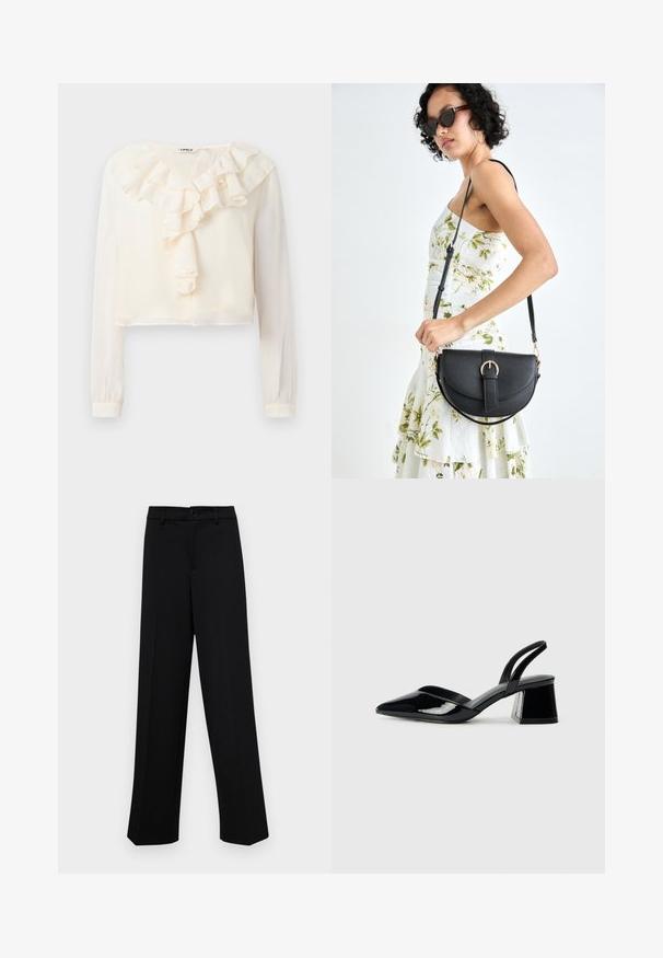 Fehér, hosszú ujjú blúz V kivágással és fodros elülső résszel. Könnyű anyagból készült, cropped szabású és puha tapintású.; Fekete, széles szárú nadrág sima anyagból, klasszikus derékrésszel, gombzárral és elülső redőkkel.; Fekete lakk bőr szandálkés magas sarkú cipő, hegyes orral és geometrikus tömbsarkakkal. Karcsú, minimalista dizájn és sima textúra jellemzi.; Fekete bőrtáska ívelt formával, levehető pánttal és arany színű fémrészekkel. A táskán egy csattal díszített fedél található.