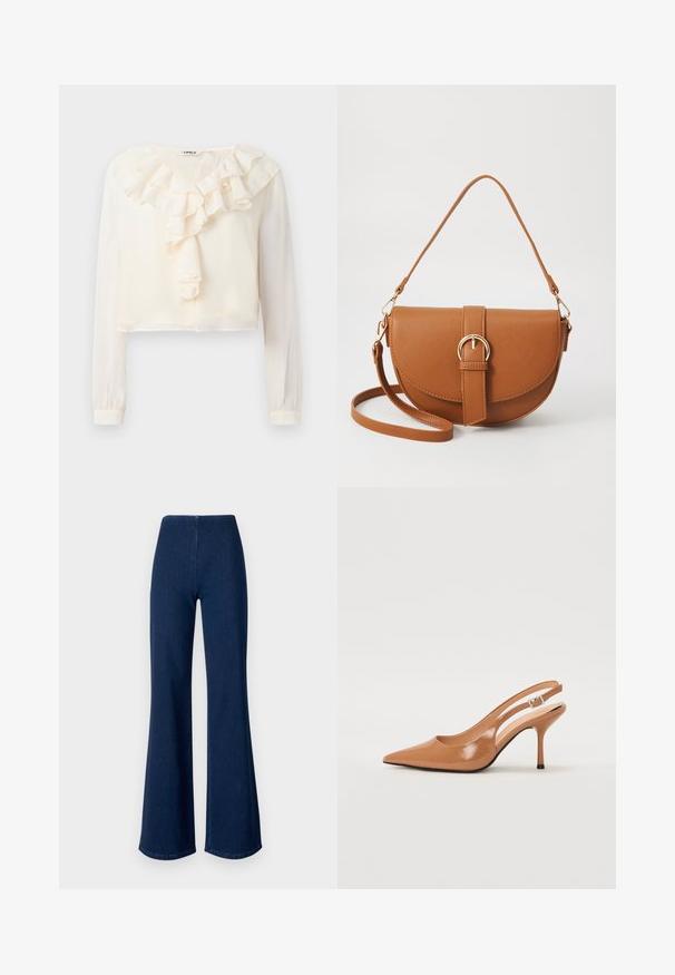 Hvid langærmet bluse med V-hals og rynket frontdetalje. Lavet af letvægtsstof, har et cropped design og blød tekstur.; Mørkeblå, flared jeans lavet af denim med elastisk talje. Har en glat overflade og bred ben-design, der strækker sig ned til kanten.; Spids tå slingback hæl i et glat, blankt tan materiale. Har et buet udskæring design og en slank stiletto hæl. Sølv spænde detalje.; Brun læder crossbody taske med en buet form, guldfarvet hardware og en spændeaccent. Har en aftagelig skulderrem.