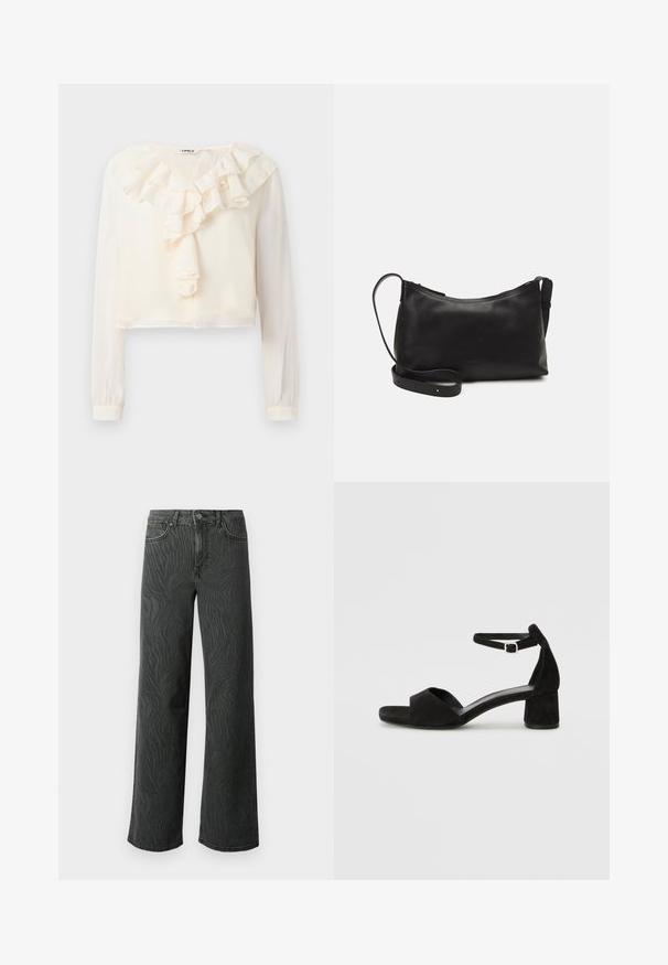 Hvit langermet bluse med V-hals og voluminøst frontdetalj. Laget av lett stoff, har en cropped design og myk tekstur.; Vide ben jeans i mørkegrå denim, med en subtil zebra-mønster tekstur, kontrast søm, og fem lommer med knappestol. ; Sorte semskede hælede sandaler med en tynd ankelrem, åbent tådesign og en beskeden blokhæl. Glat tekstur og minimale accenter.; Svart skinn skulderveske med glatt tekstur, buet form, justerbar stropp og glidelås. Minimalistisk design uten dekorasjoner.