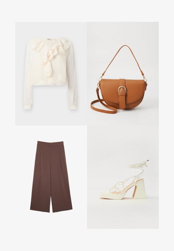 Weiße Bluse mit langen Ärmeln, V-Ausschnitt und gerafftem Frontdetail. Hergestellt aus leichtem Stoff, hat sie ein cropped Design und eine weiche Textur.; Braune Weite-Leg-Hosen mit einer glatten Textur, hoher Taille und Vorderfalten. Der Stoff ist leicht und fällt locker.; Weiße High-Heel-Sandale mit einem klobigen Absatz, die über ein Riemchendesign und ein Knöchelband verfügt. Glatte Textur mit einer Plattform vorne für zusätzliche Höhe.; Braune Leder-Crossbody-Tasche mit geschwungener Form, goldfarbenen Beschlägen und einer Schnallenakzentuierung. Verfügt über einen abnehmbaren Schultergurt.