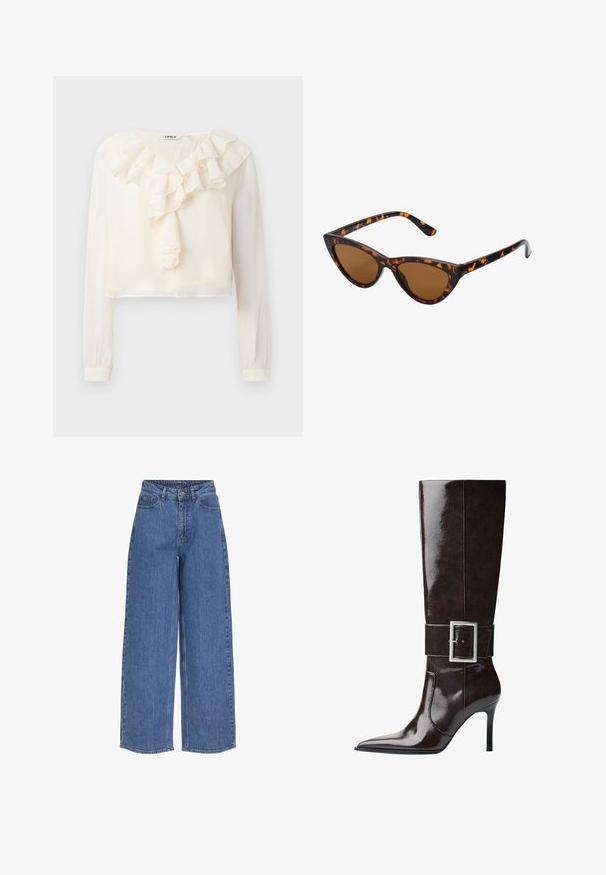 Bijela bluzica dugih rukava s V-izrezom i naborima sprijeda. Napravljena od lagane tkanine, ima skraćeni dizajn i mekanu teksturu.; Široke plave traperice s visokim strukom, izrađene od traper tkanine. Sadrže prednje džepove i zatvaranje na dugme. Klasičan ležeran dizajn.; Tamnosmeđe kožne čizme do koljena s oštrim vrhom, potpeticom u stiletto stilu i širokim remenom s velikom pravokutnom srebrnom kopčom.; Sunglasses u obliku mačjih očiju s okvirom u crno-narančastom kornjačevom uzorku, smešnim lećama i elegatnim, šiljastim vrhovima. Sadrži minimalni logo na dršci.