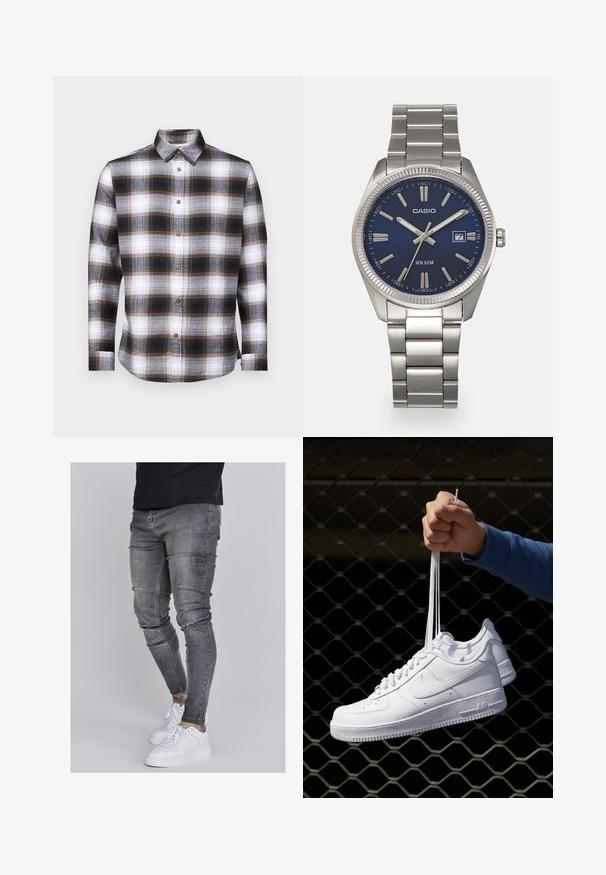 Garās piedurknes šūnveida krekls ar brūnām, melnām un baltām krāsām, pogu apkakli un brūnām pogām uz mīkstas auduma.; Tievās džinsās bālganā pelēkā denimā, kas izceļas ar nolietotām detaļām pie ceļgaliem, apvienotas ar baltām kedām. Gluda tekstūra, šaurs piegriezums.; Baltas ādas sporta apavi ar perforācijām, apaļu purngali, plakanu zoli un biezām šņorēm, ar redzamu swoosh logo un vārdu "AIR" uz papēža.; Sudraba nerūsējošā tērauda rokas pulkstenis ar tumši zilu ciparnīcu, metalizētiem stundu rādītājiem un datuma logu pie pulksten 3. Ūdensizturīgs līdz 50 metriem.