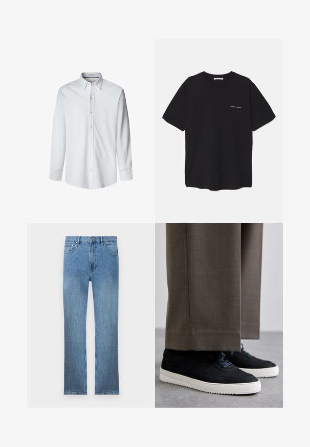 Bela srajca z dolgimi rokavi, izdelana iz gladkega materiala, z ovratnikom na gumb in sprednjimi gumbi ter ravnim robom.; Črna bombažna majica s kratkimi rokavi in okroglim ovratnikom, z belim logotipom natisnjenim na levi prsni strani. Preprost, enobarven dizajn.; Svjetloplave traperice s ravnim krojem, pet džepova, patentnim zatvaračem i kontrastnim šavovima. Tkanina ima glatku, teksturiranu površinu.; Črne nubuk teniske z belimi gumijastimi podplati, ki imajo zaobljen nos in vezalke, oblečene z sivimi krojenimi hlačami.